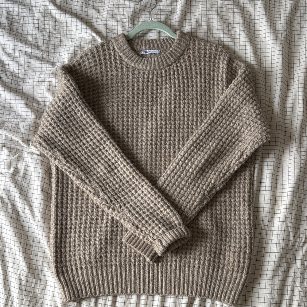 Zara Men's Crewneck Waffle Knit Sweater in Taupe